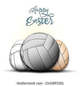 Happy Easter. Volleyball ball and easter eggs decorated in the form of a volleyball balls. Pattern for greeting card, banner, poster. Vector illustration on isolated background