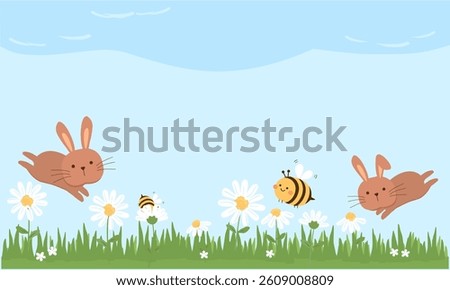 Happy Easter wallpaper with bunny rabbit cartoon, daisy flower, bee, green grass on blue sky background vector.