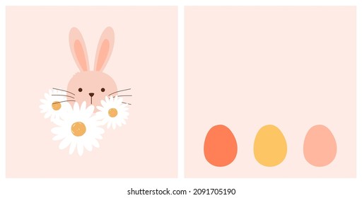 Happy Easter wallpaper with rabbit cartoon, daisy flower and Easter eggs on pink background vector illustration.