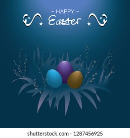 Happy Easter. Warmly coloured Easter eggs in nightly grassy ground alongside catkins.