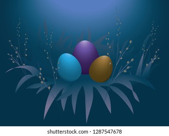 Happy Easter. Warmly coloured Easter eggs in nightly grassy ground alongside catkins. Postcard size.
