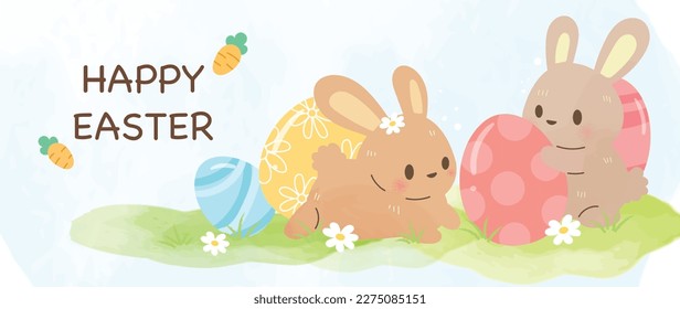 Happy Easter watercolor background vector. Hand drawn fluffy cute rabbits playing with shiny easter eggs in garden, flower, carrot. Adorable doodle design for decorative, card, kids, banner, poster.