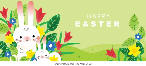 Happy Easter watercolor background vector. Hand painted fluffy cute white rabbit with spring flowers and leaves in greenery garden. Adorable doodle design for decorative, card, kids, banner, poster.