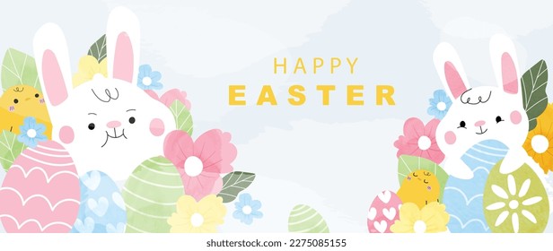 Happy Easter watercolor background vector. Hand painted fluffy cute white rabbit with easter eggs, spring flowers, leaf and chick. Adorable doodle design for decorative, card, kids, banner, poster.