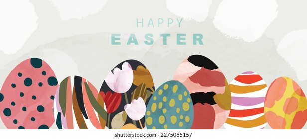 Happy Easter watercolor background vector. Hand painted easter eggs decorate with colorful flower and brush paint pattern texture. Adorable doodle design for decorative, card, kids, banner, poster.