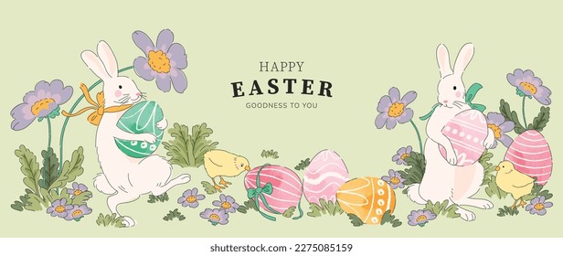 Feliz vector de fondo de la acuarela de Pascua. Conejos blancos cómicos dibujados a mano con huevos de pascua en el jardín, flores de primavera y pollo. Adorable diseño de doodles para decorativos, tarjetas, niños, pancartas, afiches.