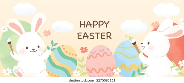 Happy Easter watercolor background vector. Hand drawn fluffy cute white rabbits painting easter eggs, flowers and leaf branch. Adorable doodle design for decorative, card, kids, banner, poster.