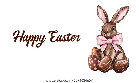 Happy Easter. Watercolor banner with chocolate sweet rabbit and Easter eggs. Easter sweets. Easter symbol. 