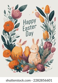 Happy Easter Watercolor, Banner with Cute Easter Bunny, Eggs, Spring Flowers, Easter Watercolor Decorative Elements with Illustrations