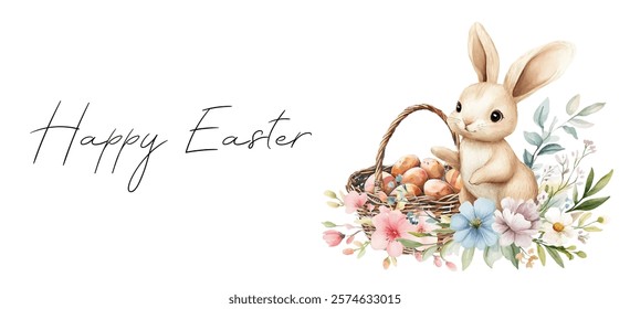 Happy Easter watercolor banner. Cute rabbit with basket of eggs and spring flowers watercolor. Easter and Easter symbols concept. Vector illustration.