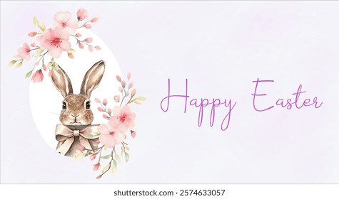 Happy Easter watercolor banner. Cute bunny in egg-shaped frame decorated with pink spring flowers. Watercolor Easter symbols. Vector illustration.