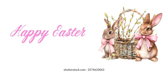 Happy Easter, watercolor banner with cute rabbit. Cute brown rabbits decorated with pink bow sit near basket with willow branches. Watercolor Easter symbols. Easter concept.