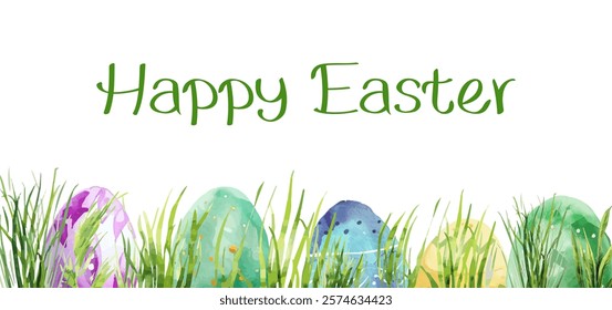 Happy Easter, watercolor banner with easter eggs in green grass. Easter eggs hidden in green grass. Egg making concept. Easter symbols. Vector illustration.