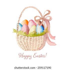 Cesta de la acuarela de Pascua feliz con los huevos multicolores. Dibujado a mano vectorizado, eps10