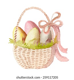 Happy Easter watercolor basket with multicolored eggs. Hand drawn vectorized, eps10