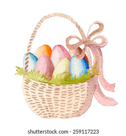 Happy Easter watercolor basket with multicolored eggs. Hand drawn vectorized, eps10