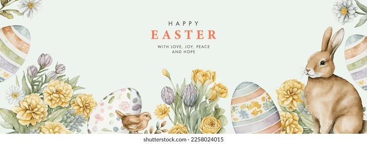 Happy Easter watercolor card  banner  border and cute Easter rabbit  eggs  spring flowers   chick in pastel colors light green white background  Isolated Easter watercolor decoration elements