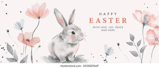 Happy Easter watercolor card, banner, poster with cute Easter rabbit and spring flowers in pastel colors in light peach, soft pink, grey on white background. Isolated Easter watercolor decor elements