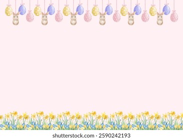Happy Easter watercolor card, banner, border with cute Easter rabbit, eggs and flowers in pastel colors on light pink background.