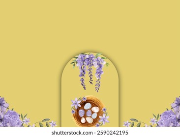 Happy Easter watercolor card, banner, border with eggs nest, and purple flowers on light yellow background.