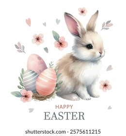 Happy Easter. Watercolor card with cute Easter bunny, eggs and spring flowers in pastel colors. Isolated Easter watercolor decor elements