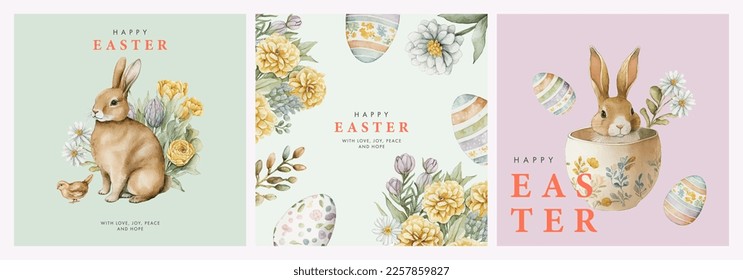 Happy Easter watercolor cards set with cute Easter rabbit, eggs, spring flowers and chick in pastel colors on light green, soft pink and white background. Isolated Easter watercolor decor elements