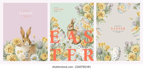 Happy Easter watercolor cards set and cute Easter rabbit  eggs  spring flowers in pastel colors light green  soft pink   beige background  Easter watercolor posters  covers  labels templates set