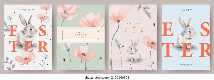 Tarjetas de la acuarela de la feliz Pascua fijadas con el conejo lindo de la Pascua, el huevo y las flores de la primavera en colores pastel en durazno claro, rosa suave, gris sobre fondo blanco. Elementos aislados de decoración de acuarela de Pascua