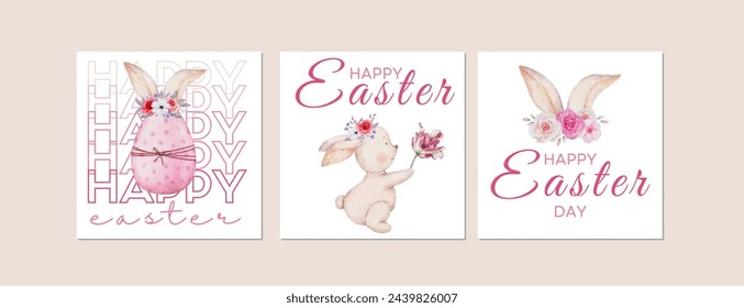 Happy Easter watercolor cards set with cute Easter rabbit, eggs, spring flowers and chick in pastel colors , soft pink and white background. Isolated Easter watercolor decor elements