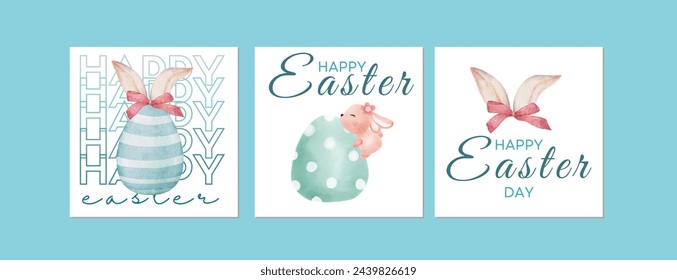 Happy Easter watercolor cards set with cute Easter rabbit, eggs, spring flowers and chick in pastel colors, soft blue and white background. Isolated Easter watercolor decor elements