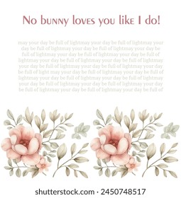 Happy Easter watercolor cards set with cute Easter rabbit, eggs, spring flowers in pastel colors on light green, soft pink and beige background. Easter watercolor posters, covers, labels templates set