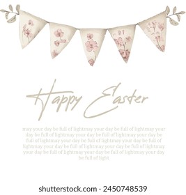 Happy Easter watercolor cards set with cute Easter rabbit, eggs, spring flowers in pastel colors on light green, soft pink and beige background. Easter watercolor posters, covers, labels templates set