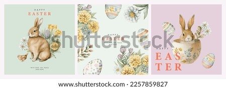 Happy Easter watercolor cards set with cute Easter rabbit, eggs, spring flowers and chick in pastel colors on light green, soft pink and white background. Isolated Easter watercolor decor elements Сток-фото © 