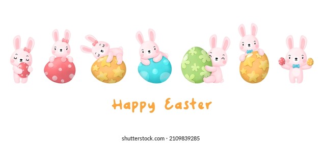 Happy Easter Watercolor Clipart, Rabbit and Egg Digital painting