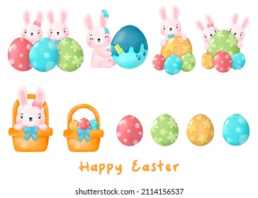 Happy Easter Watercolor Clipart, Rabbit and Egg Digital painting