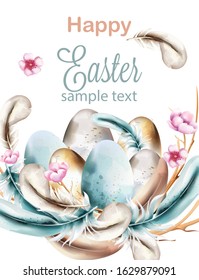 Happy easter watercolor composition with blue colored feathers on wreath