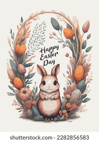 Happy Easter Watercolor, Eggs, Border with Cute Easter Bunny, Spring Flowers, Easter Watercolor Decorative Elements with Illustrations