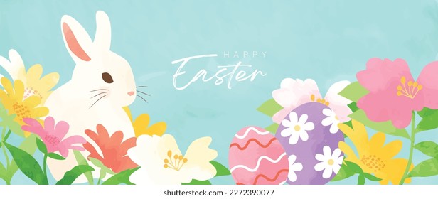 Happy Easter watercolor element background vector. Hand painted cute white rabbit, easter eggs and blooming spring flowers. Collection of adorable doodle design for decorative, card, kids, banner.