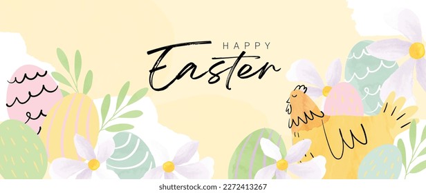 Happy Easter watercolor element background vector. Hand painted easter eggs pastel color with spring flowers and chicken with scribble lines. Adorable doodle design for decorative, card, kids, banner.