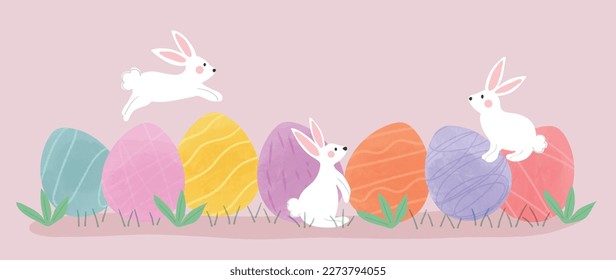 Happy Easter watercolor element background vector. Hand painted easter eggs pastel color with spring flowers and chicken with scribble lines. Adorable doodle design for decorative, card, kids, banner.