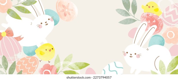 Happy Easter watercolor element background vector. Hand painted easter eggs pastel color with spring flowers and chicken with scribble lines. Adorable doodle design for decorative, card, kids, banner.