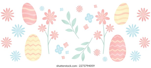 Happy Easter watercolor element background vector. Hand painted easter eggs pastel color with spring flowers and chicken with scribble lines. Adorable doodle design for decorative, card, kids, banner.