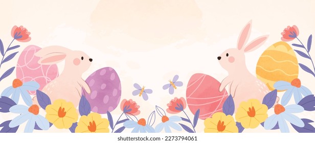 Happy Easter watercolor element background vector. Hand painted easter eggs pastel color with spring flowers and chicken with scribble lines. Adorable doodle design for decorative, card, kids, banner.