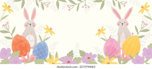 Happy Easter watercolor element background vector. Hand painted easter eggs pastel color with spring flowers and chicken with scribble lines. Adorable doodle design for decorative, card, kids, banner.