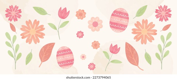 Happy Easter watercolor element background vector. Hand painted easter eggs pastel color with spring flowers and chicken with scribble lines. Adorable doodle design for decorative, card, kids, banner.