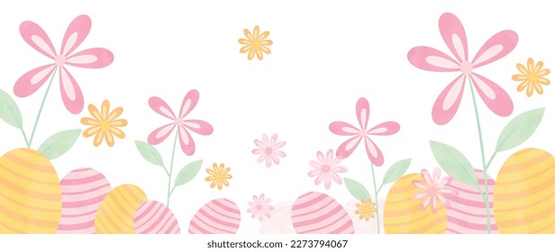 Happy Easter watercolor element background vector. Hand painted easter eggs pastel color with spring flowers and chicken with scribble lines. Adorable doodle design for decorative, card, kids, banner.