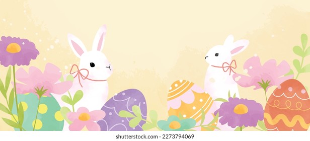 Happy Easter watercolor element background vector. Hand painted easter eggs pastel color with spring flowers and chicken with scribble lines. Adorable doodle design for decorative, card, kids, banner.