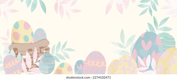 Happy Easter watercolor element background vector. Hand painted cute easter eggs with line and heart pattern, leaf branch, pastel color. Adorable doodle design for decorative, card, kids, banner.