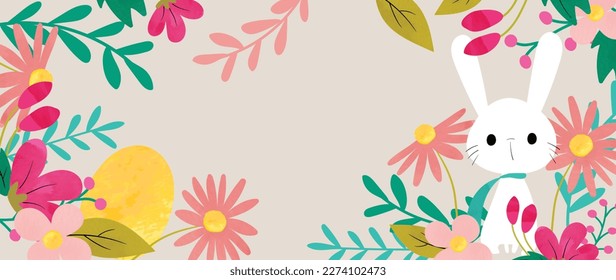 Happy Easter watercolor element background vector. Hand painted cute white rabbit with easter egg, spring flowers and natural leaf branch. Adorable doodle design for decorative, card, kids, banner.