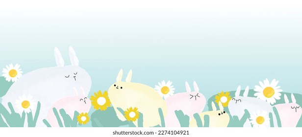 Happy Easter watercolor element background vector. Hand painted fluffy playful cute rabbit with spring flowers, garden, pastel color texture. Adorable doodle design for decorative, card, kids, banner.